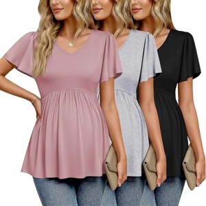 Ekouaer Maternity Shirts 3 Packs Summer Pregnancy Clothes Tops for Work(Black/Light Grey/Dirty Pink)