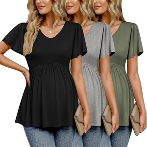 Ekouaer Maternity Shirts 3 Packs Summer Pregnancy Clothes Tops for Work(Black/Olive Green/Grey)