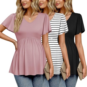Ekouaer Maternity Shirts 3 Packs Summer Pregnancy Clothes Tops for Work(Black/Pink/Black Stripe)
