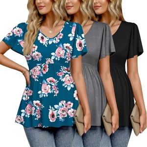 Ekouaer Maternity Shirts 3 Packs Summer Pregnancy Clothes Tops for Work(Grey/Black/Blue Green Floral)