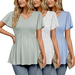 Ekouaer Maternity Shirts 3 Packs Summer Pregnancy Clothes Tops for Work(Light Blue/Light Green/Grey Stripe)