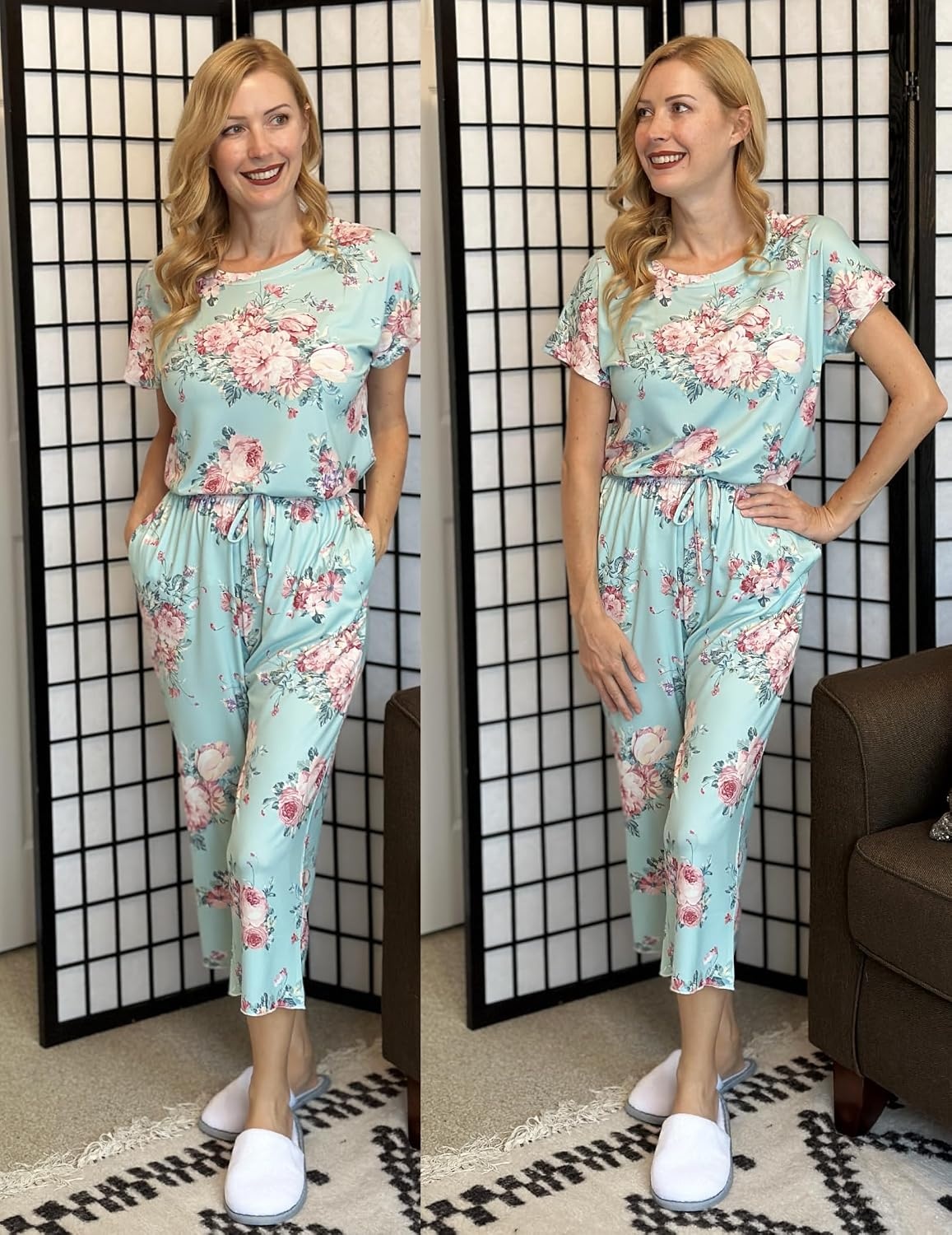 image:imageEkouaer 2 Pack Womens Pajamas Sets Short Sleeve Tops and Capri Pants PjsBlue Flowers Black Flowers