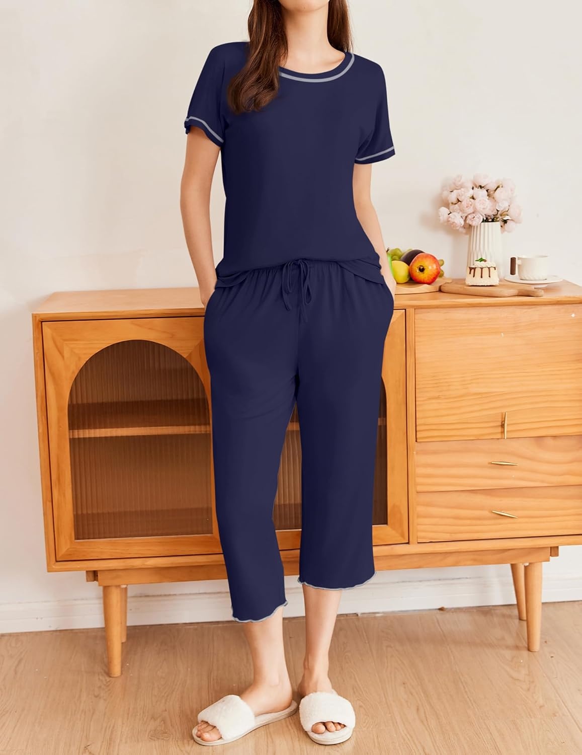 image:imageEkouaer 2 Pack Womens Pajamas Sets Short Sleeve Tops and Capri Pants PjsNavy Blue Wine Red