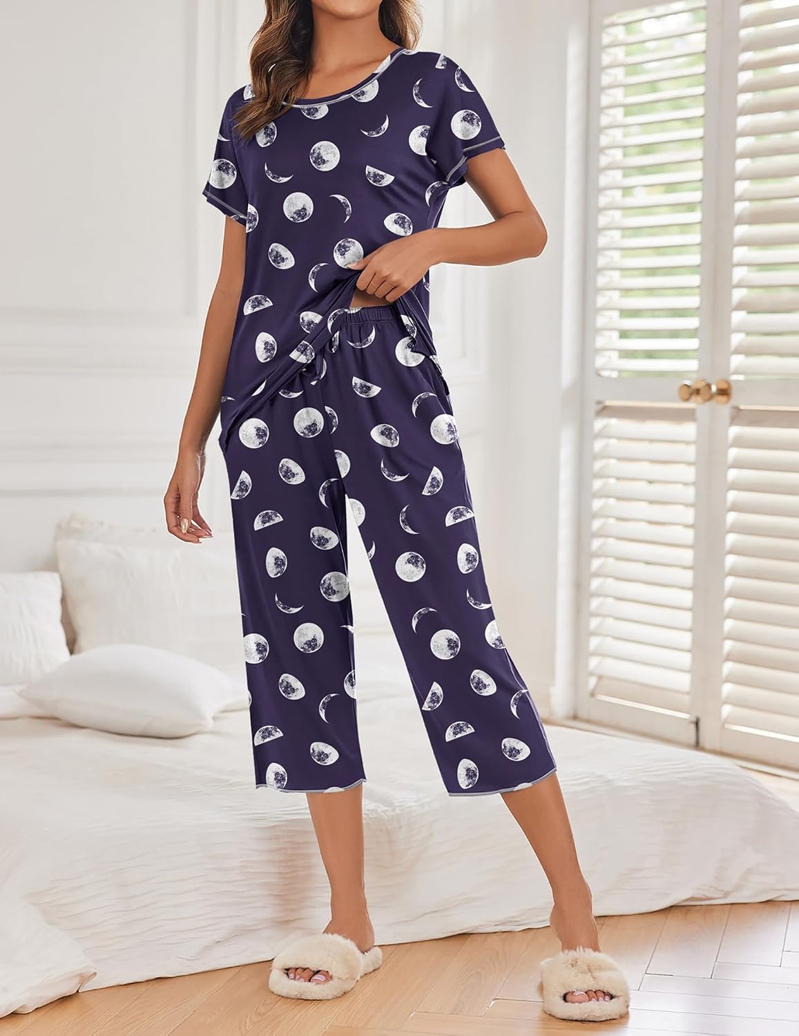image:imageEkouaer 2 Pack Womens Pajamas Sets Short Sleeve Tops and Capri Pants PjsNavy Blue Flowers Moon