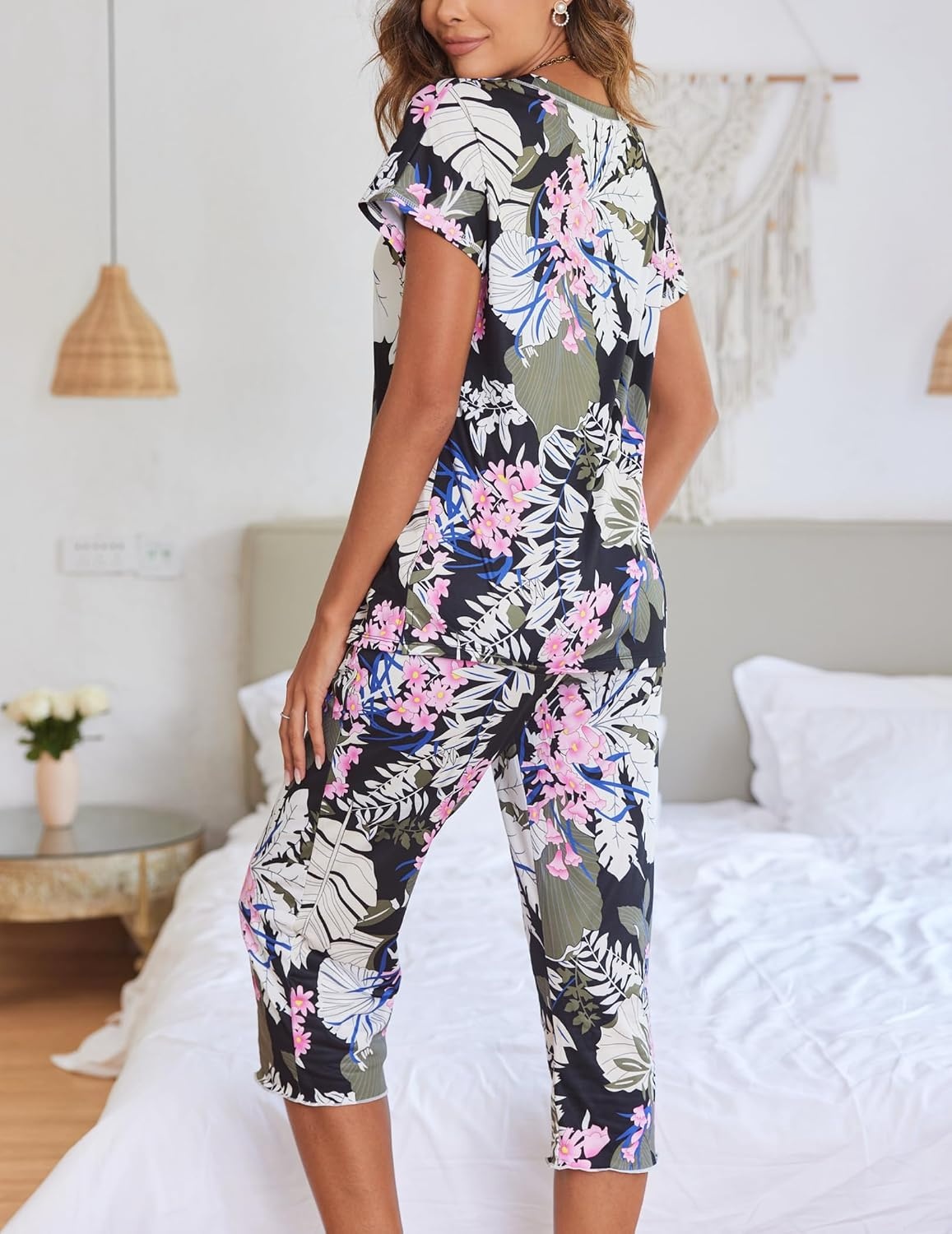 image:imageEkouaer 2 Pack Womens Pajamas Sets Short Sleeve Tops and Capri Pants PjsNavy Blue Flowers Moon