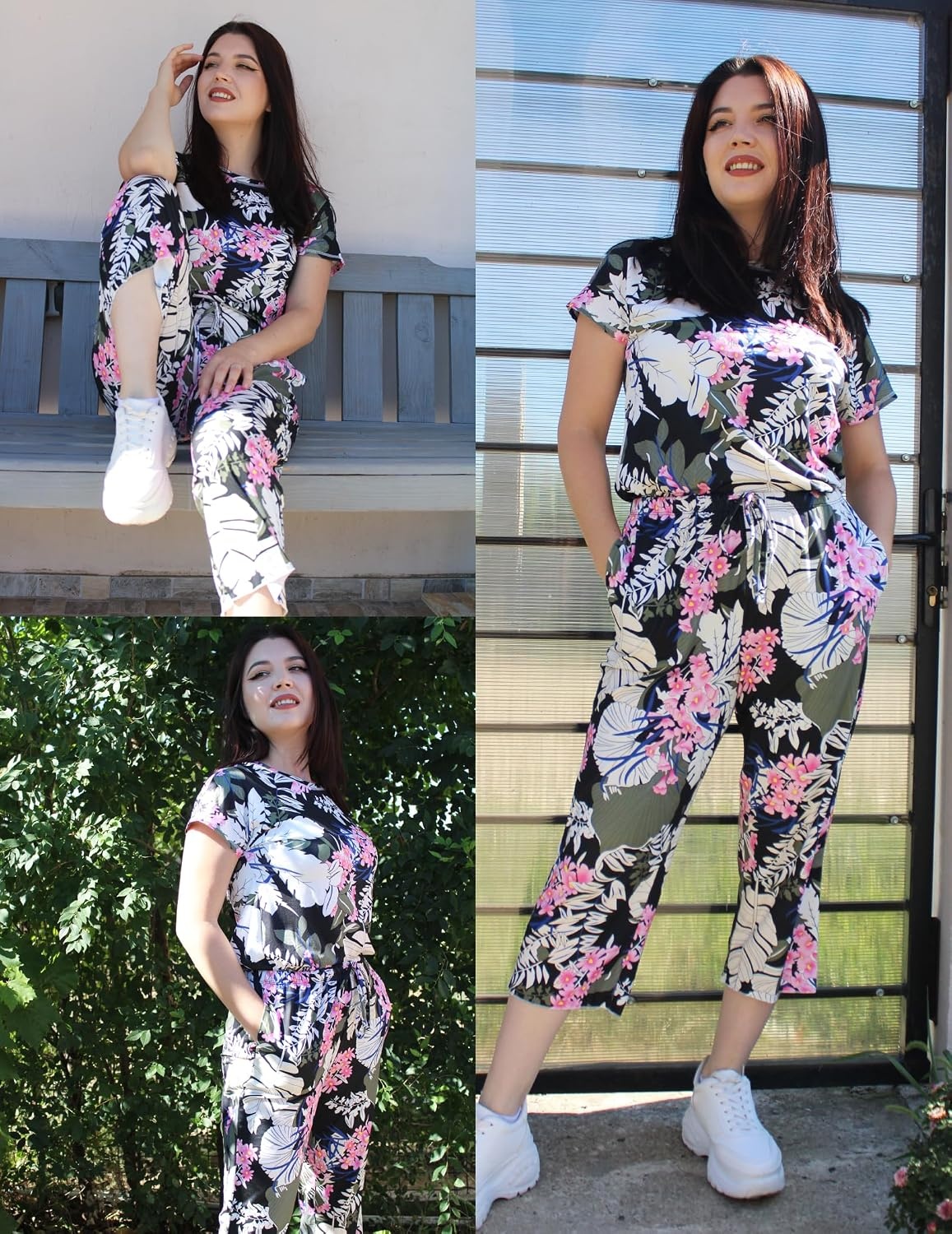image:imageEkouaer 2 Pack Womens Pajamas Sets Short Sleeve Tops and Capri Pants PjsNavy Blue Flowers Moon