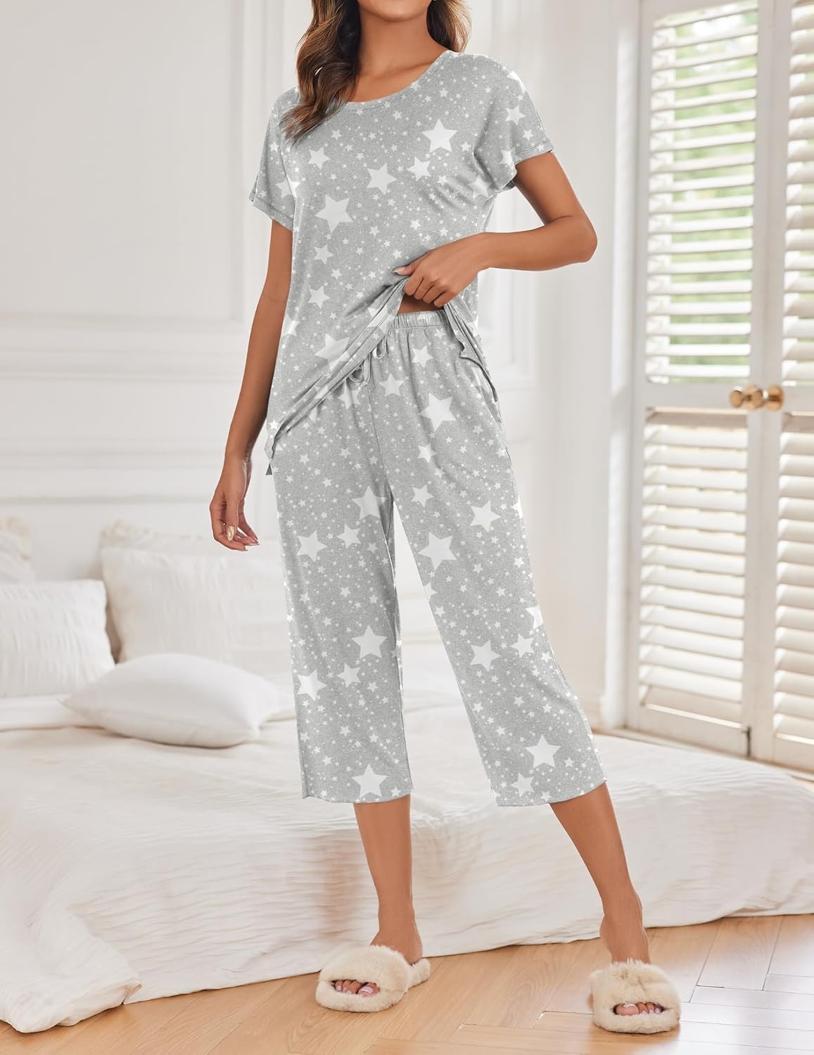 image:imageEkouaer 2 Pack Womens Pajamas Sets Short Sleeve Tops and Capri Pants PjsPink Stripe Grey Stars