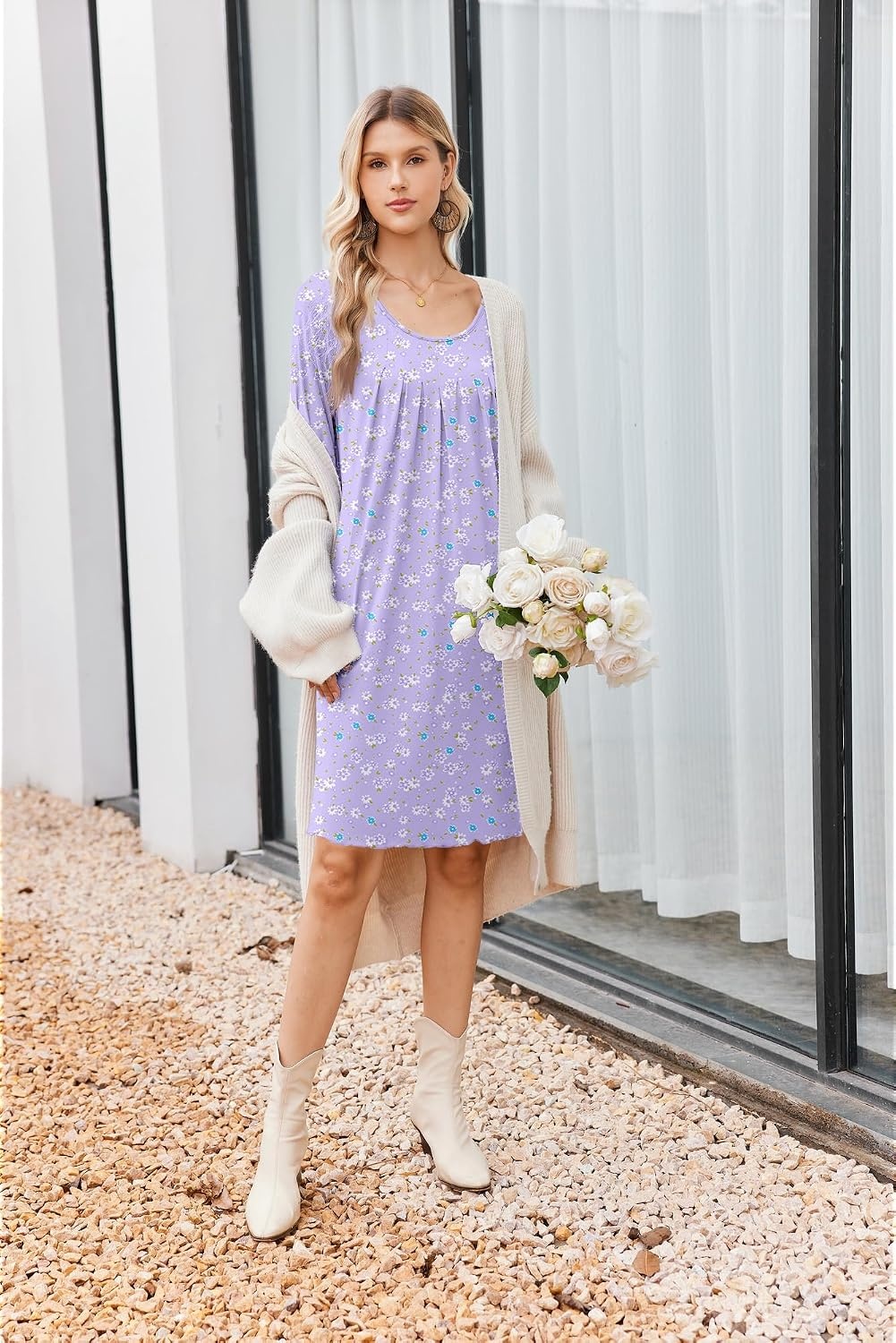 image:imageEkouaer 3 Pack Womens Long Sleeve Nightgowns Soft Sleep Shirt SleepwearBlack grey lilac Flower
