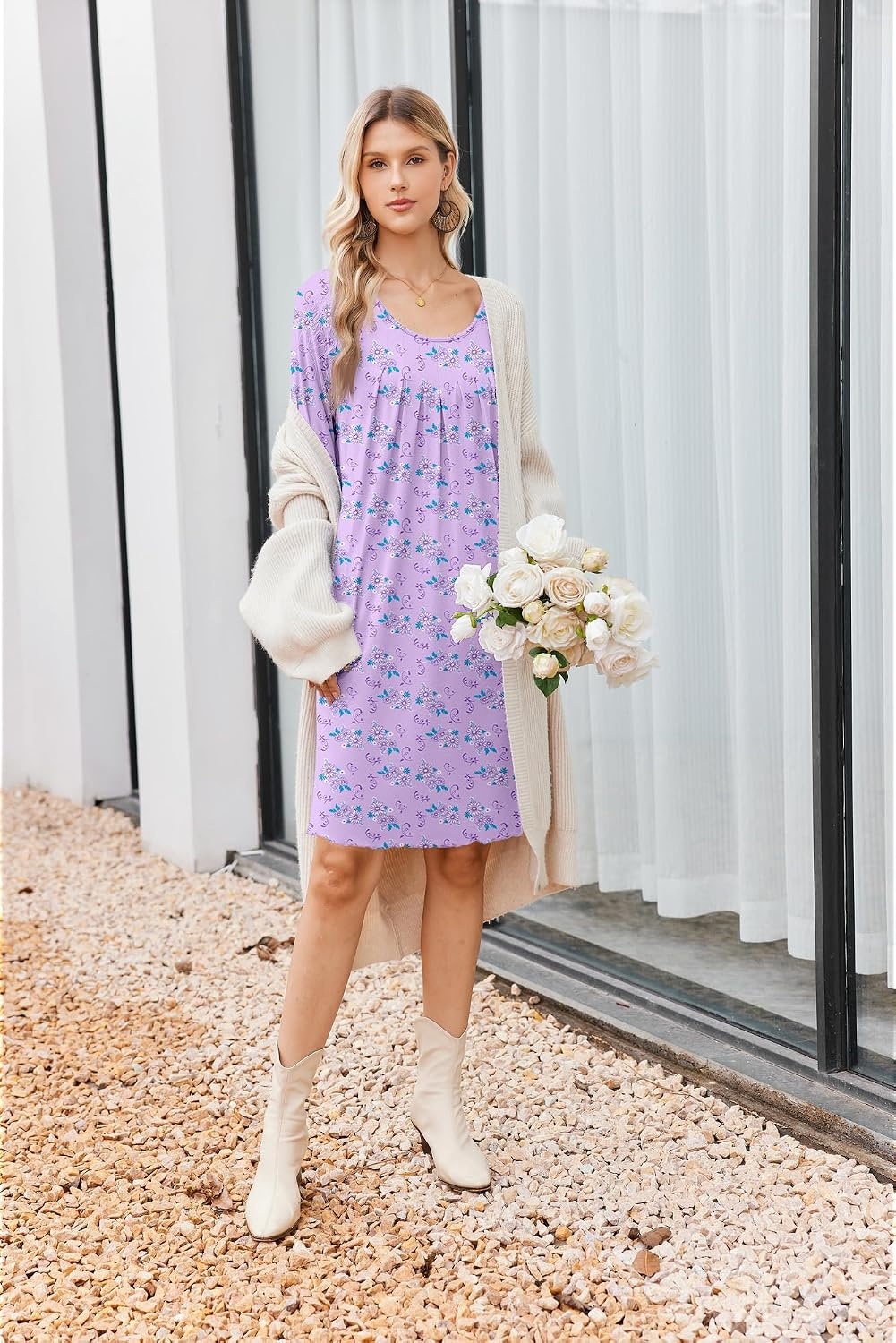 image:imageEkouaer 3 Pack Womens Long Sleeve Nightgowns Soft Sleep Shirt SleepwearNavy purple Floral green Floral