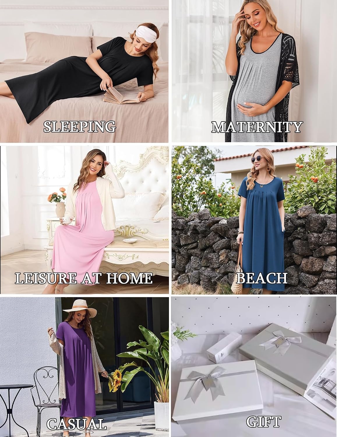 image:imageEkouaer Cotton Nightgowns for Women Long Pleated House Dresses with PocketsPink