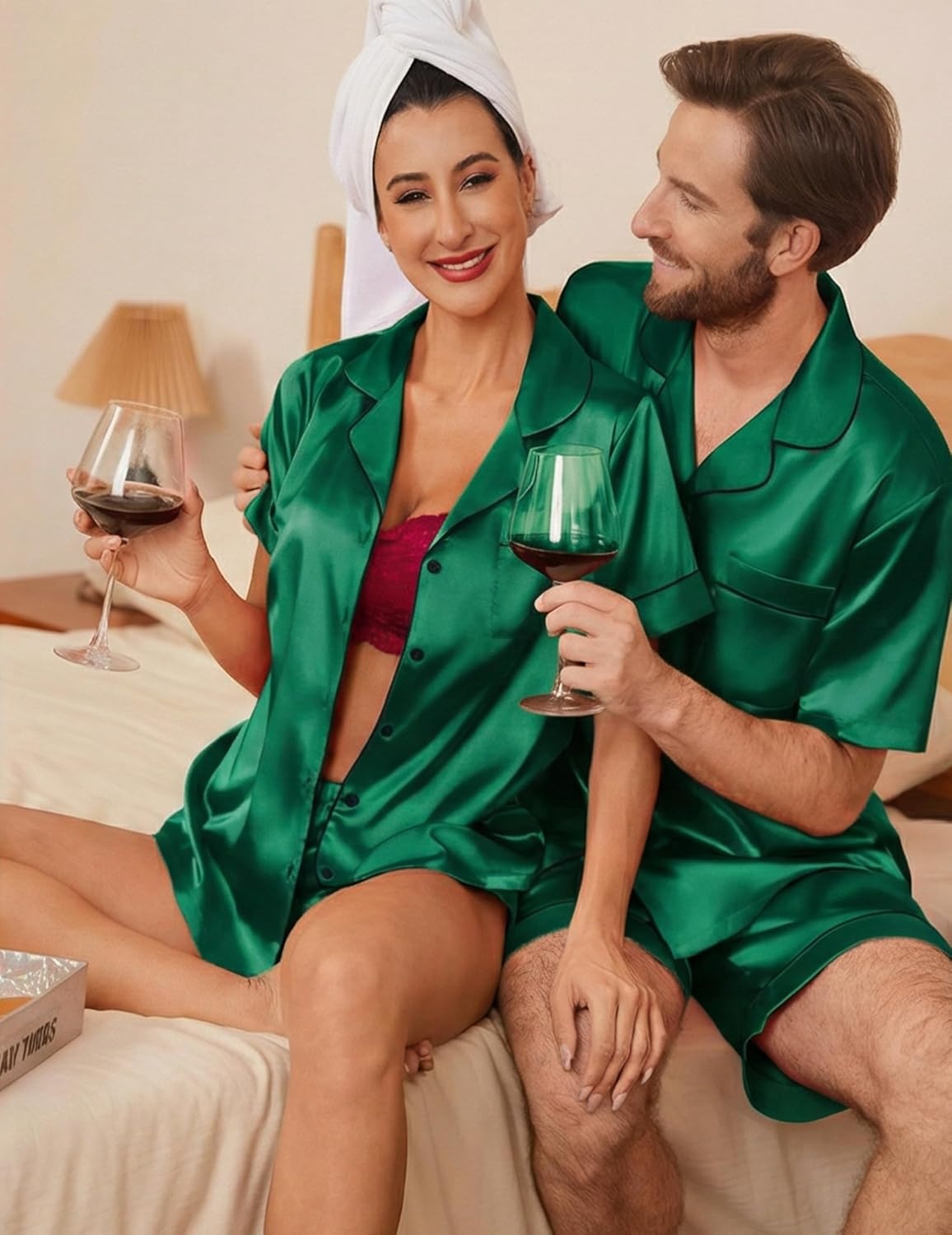 image:imageEkouaer Couple Matching Pajamas Sets Silk Short Sleeve Button Up SleepwearGreen