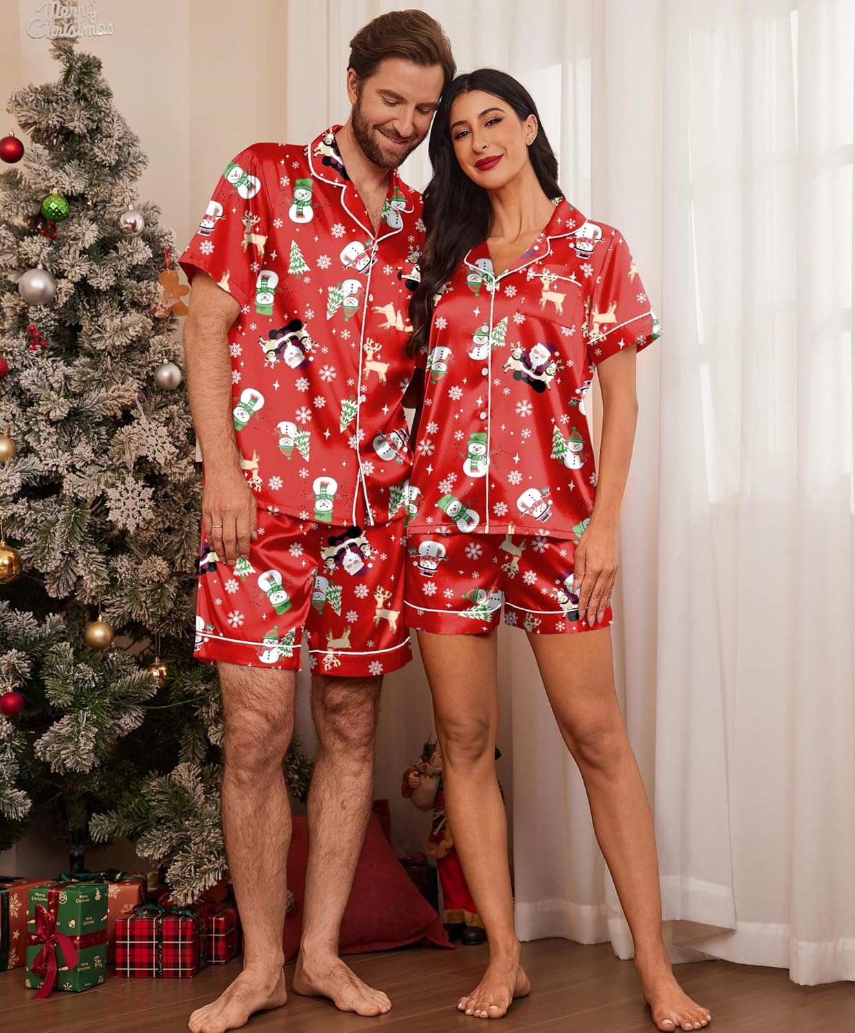 image:imageEkouaer Couple Matching Pajamas Sets Silk Short Sleeve Button Up SleepwearXmas Red