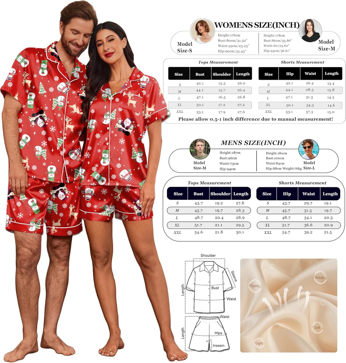 image:imageEkouaer Couple Matching Pajamas Sets Silk Short Sleeve Button Up SleepwearXmas Red
