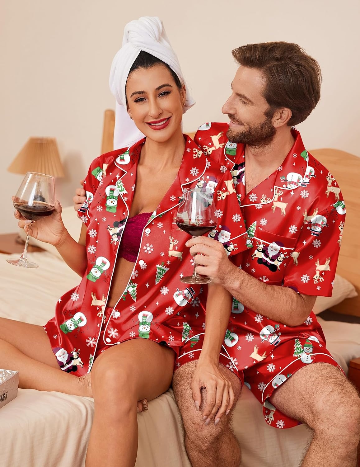 image:imageEkouaer Couple Matching Pajamas Sets Silk Short Sleeve Button Up SleepwearXmas Red