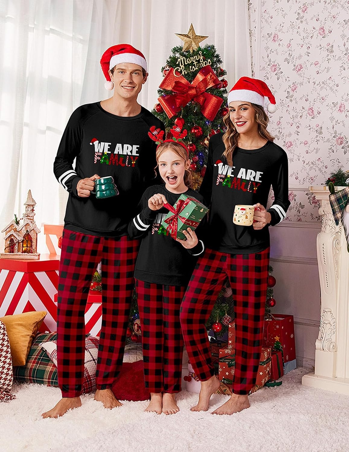 image:imageEkouaer Family Christmas Pajamas Matching Sets Cute Long Sleeve Couple PjsBlack Red Plaid