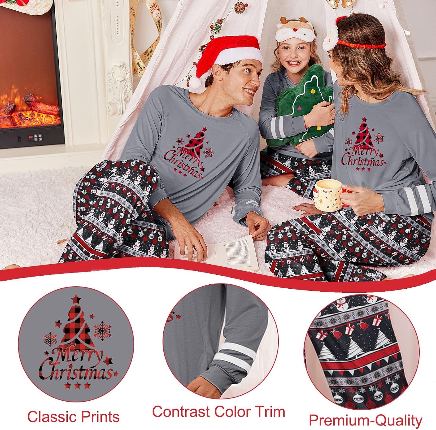 image:imageEkouaer Family Christmas Pajamas Matching Sets Cute Long Sleeve Couple PjsGraychristmas Tree
