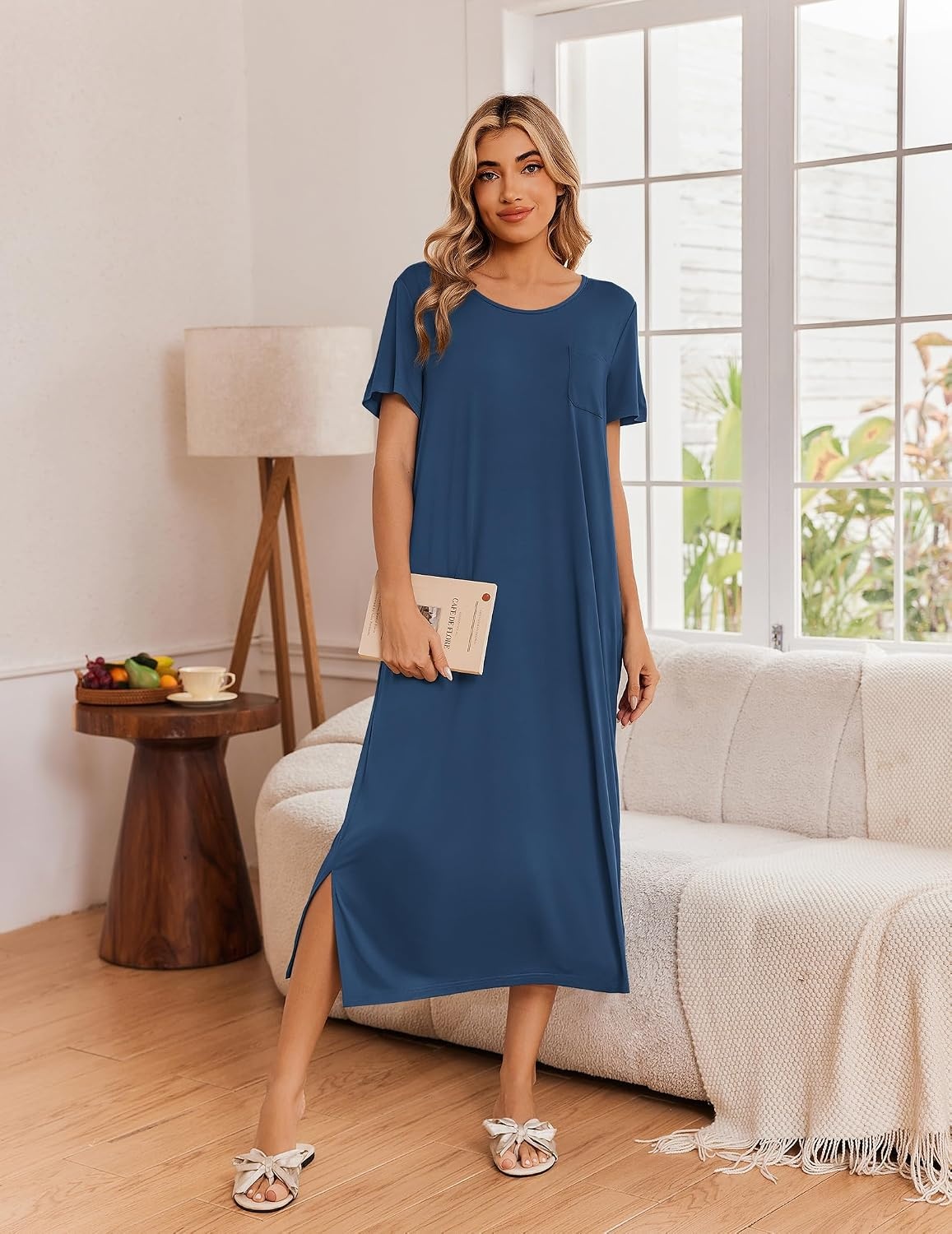 image:imageEkouaer Long Nightgowns for Women 3 Pack Plus Size Short Sleeve House DressBlack FloralGreyBlue