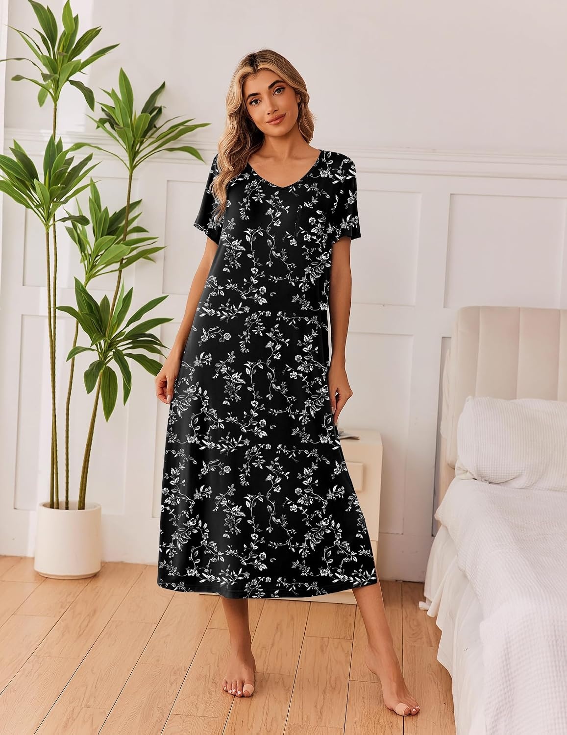 image:imageEkouaer Long Nightgowns for Women 3 Pack Plus Size Short Sleeve House DressBlack FloralGreyBlue