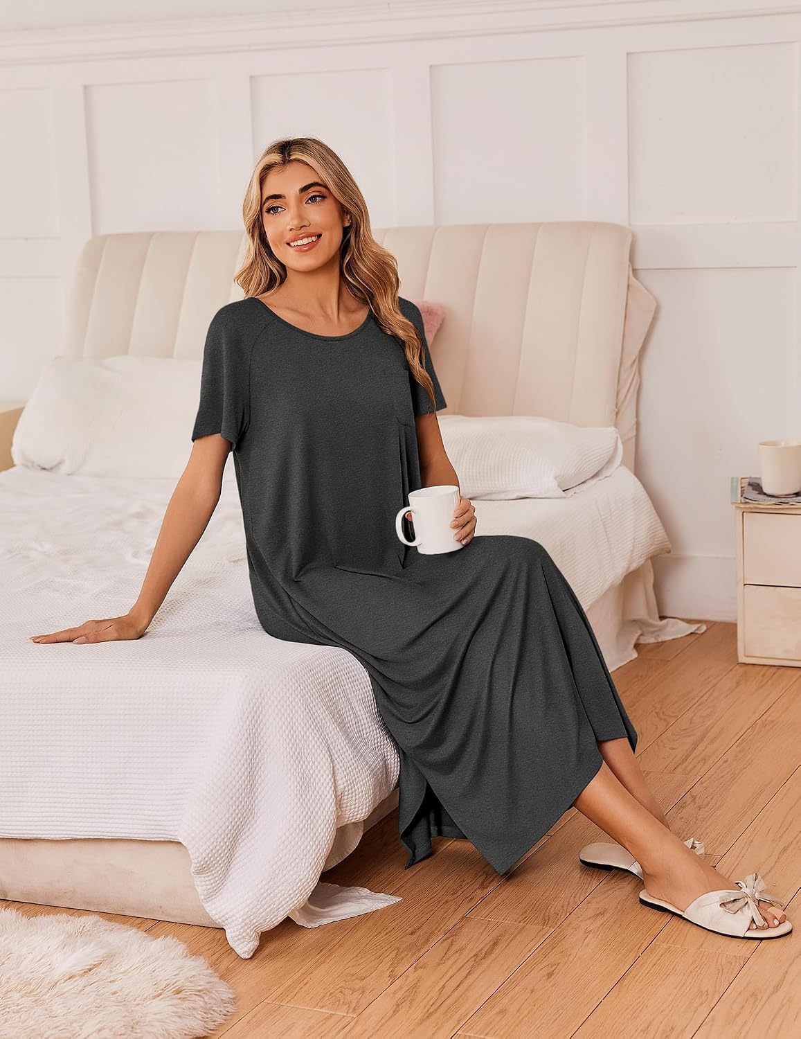 image:imageEkouaer Long Nightgowns for Women 3 Pack Plus Size Short Sleeve House DressBlack FloralGreyBlue