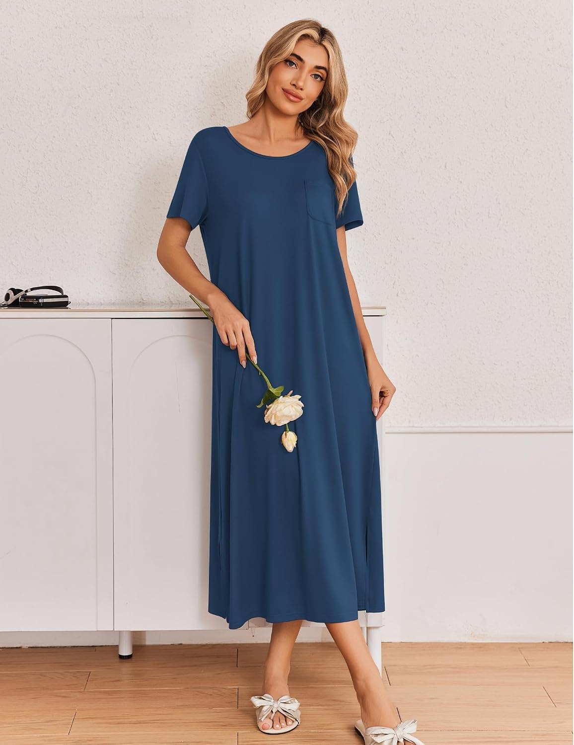 image:imageEkouaer Long Nightgowns for Women 3 Pack Plus Size Short Sleeve House DressBlackGreyBlue