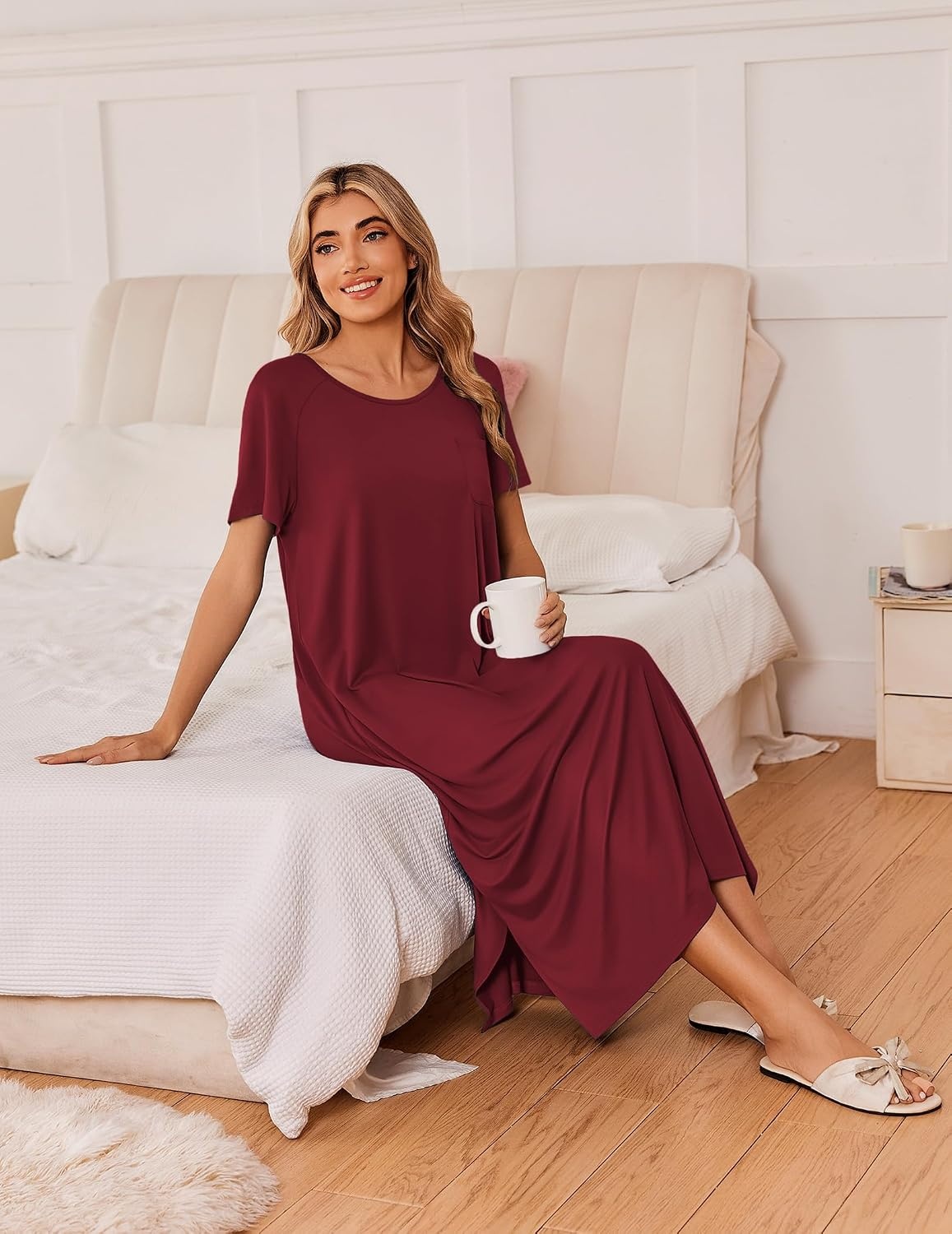 image:imageEkouaer Long Nightgowns for Women 3 Pack Plus Size Short Sleeve House DressBlackWine RedLeopard