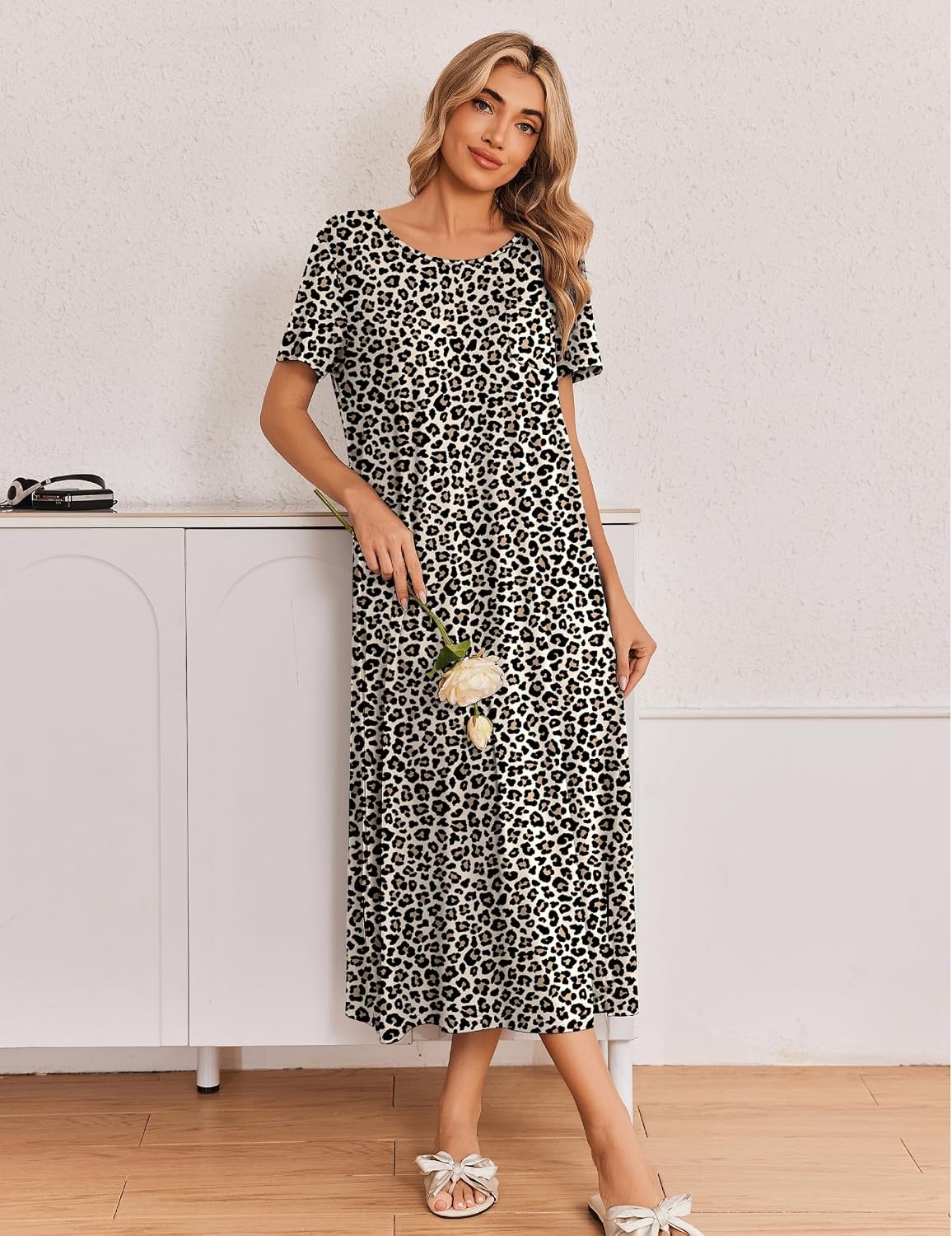 image:imageEkouaer Long Nightgowns for Women 3 Pack Plus Size Short Sleeve House DressBlackWine RedLeopard