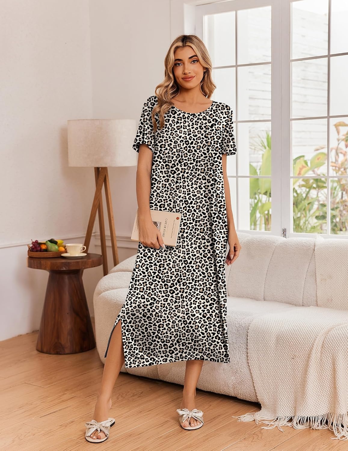 image:imageEkouaer Long Nightgowns for Women 3 Pack Plus Size Short Sleeve House DressBlackWine RedLeopard