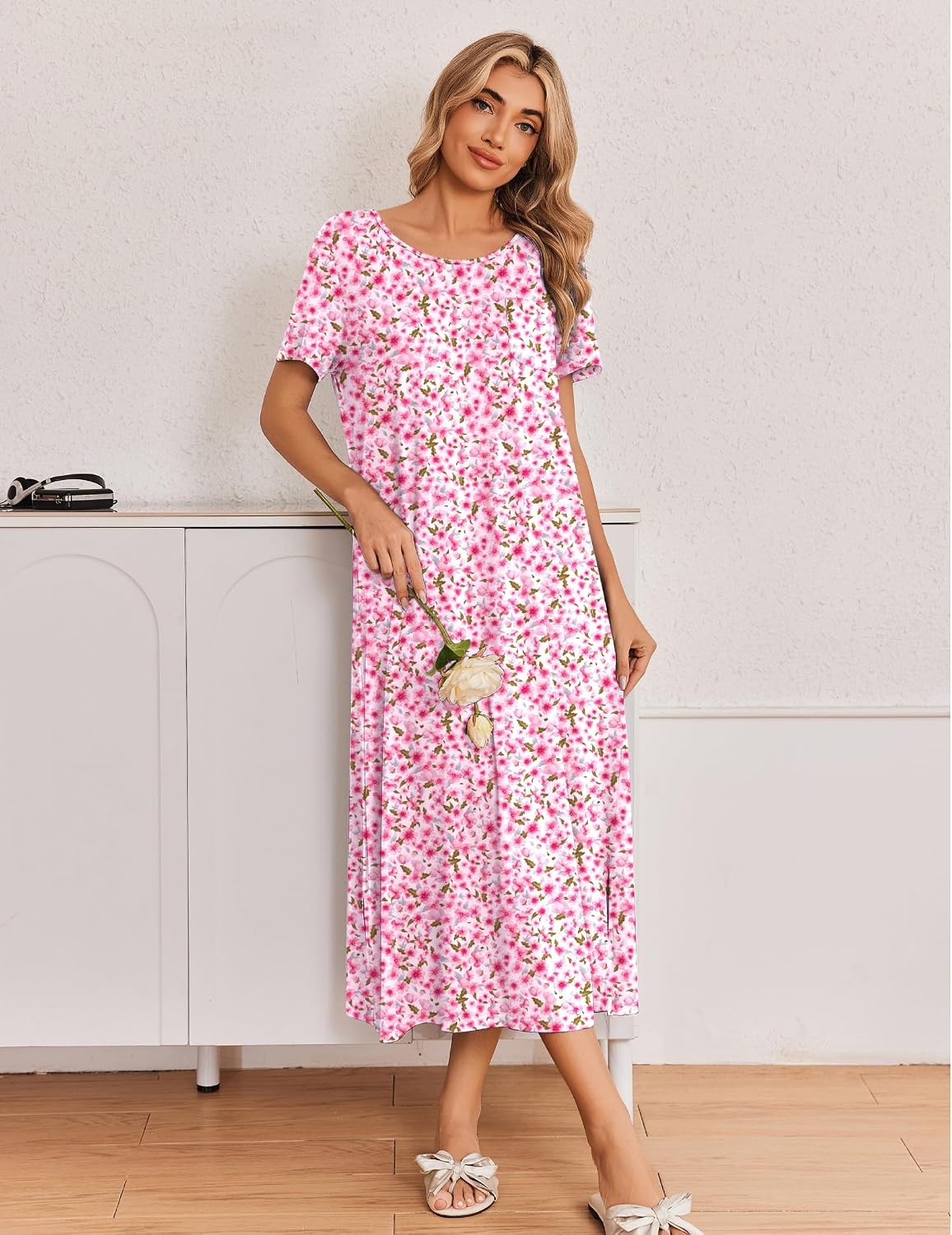 image:imageEkouaer Long Nightgowns for Women 3 Pack Plus Size Short Sleeve House DressBlue Moon StarPurple StarPink Floral