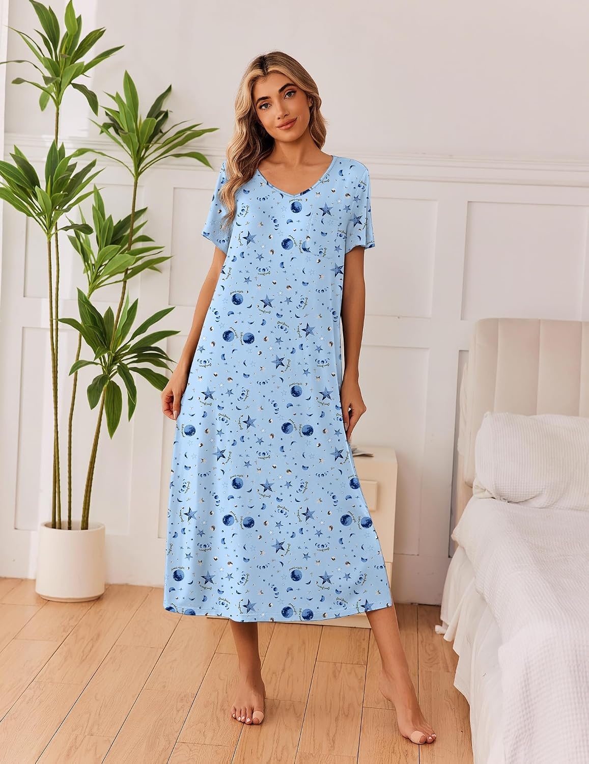 image:imageEkouaer Long Nightgowns for Women 3 Pack Plus Size Short Sleeve House DressBlue Moon StarPurple StarPink Floral