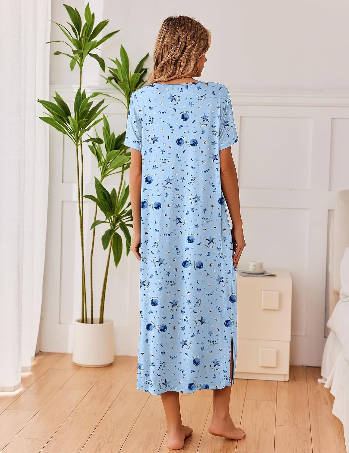 image:imageEkouaer Long Nightgowns for Women 3 Pack Plus Size Short Sleeve House DressBlue Moon StarPurple StarPink Floral