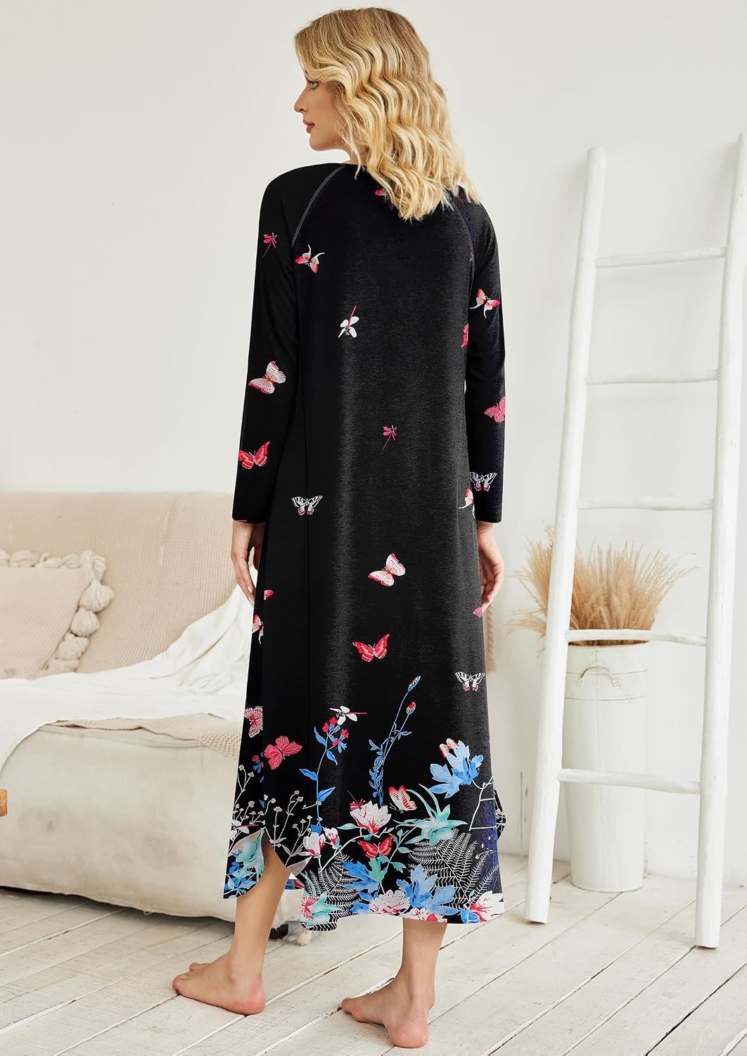 image:imageEkouaer Long Nightgowns for Women Long Sleeve House Dress with PocketsBlack Butterfly