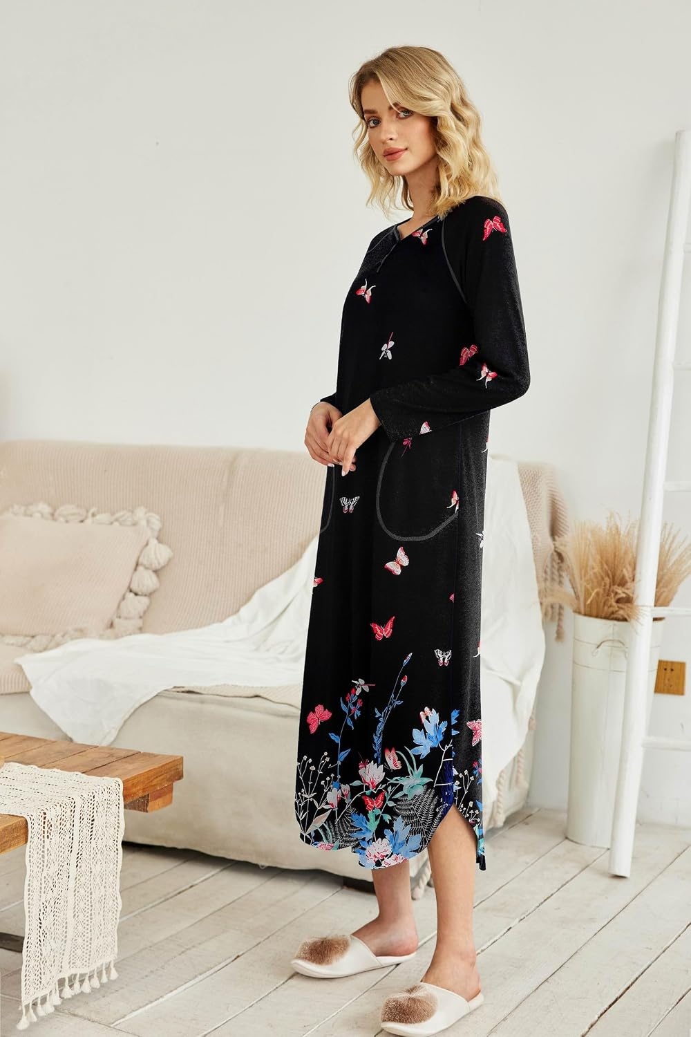 image:imageEkouaer Long Nightgowns for Women Long Sleeve House Dress with PocketsBlack Butterfly