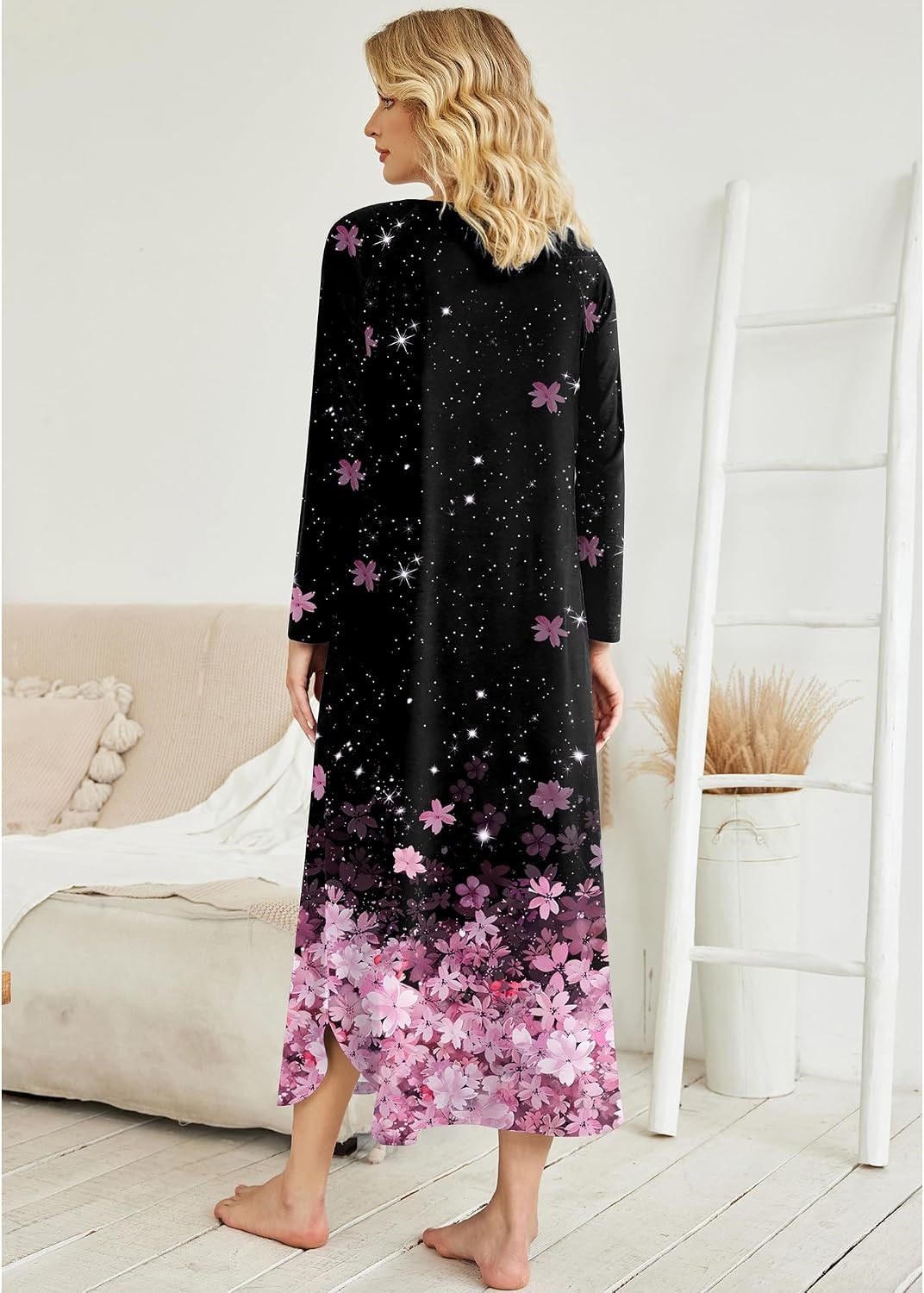 image:imageEkouaer Long Nightgowns for Women Long Sleeve House Dress with PocketsBlack Pink Sakura