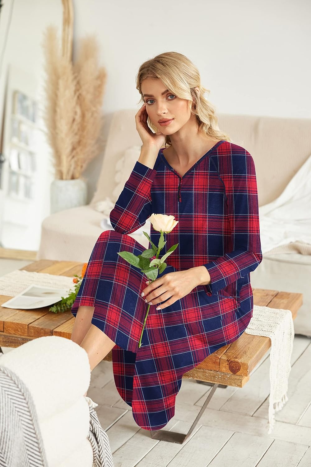 image:imageEkouaer Long Nightgowns for Women Long Sleeve House Dress with PocketsBlue Black Plaid