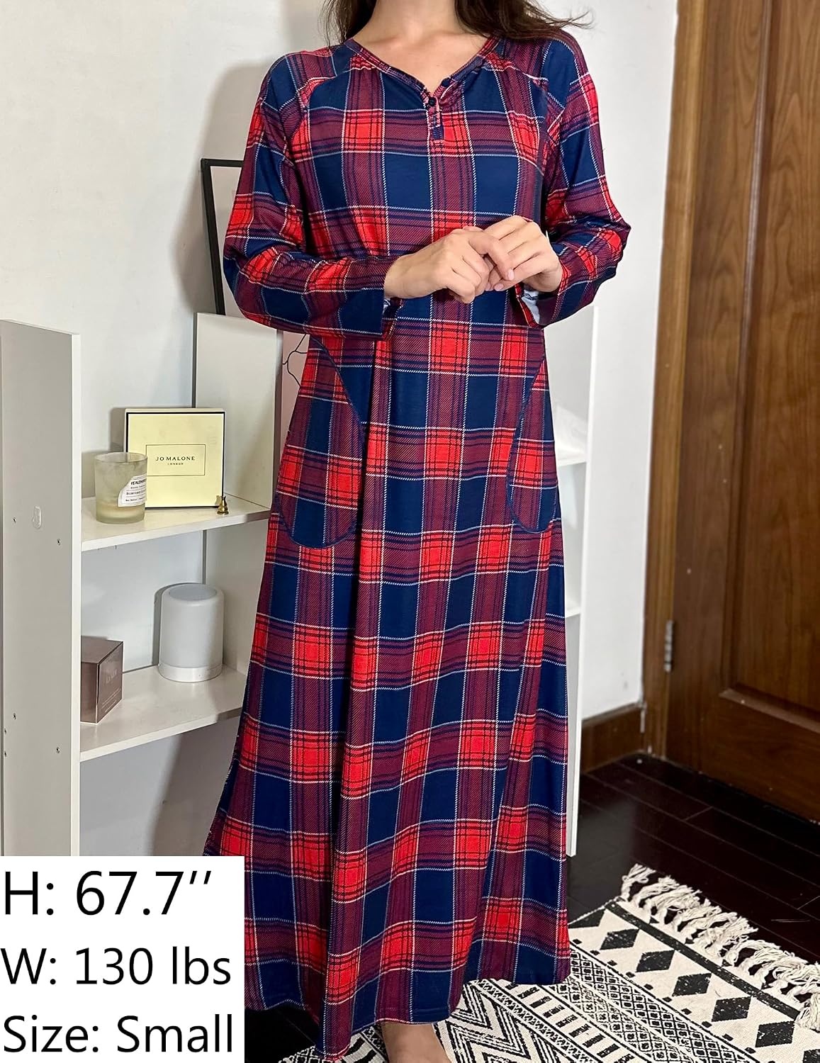 image:imageEkouaer Long Nightgowns for Women Long Sleeve House Dress with PocketsBlue Black Plaid