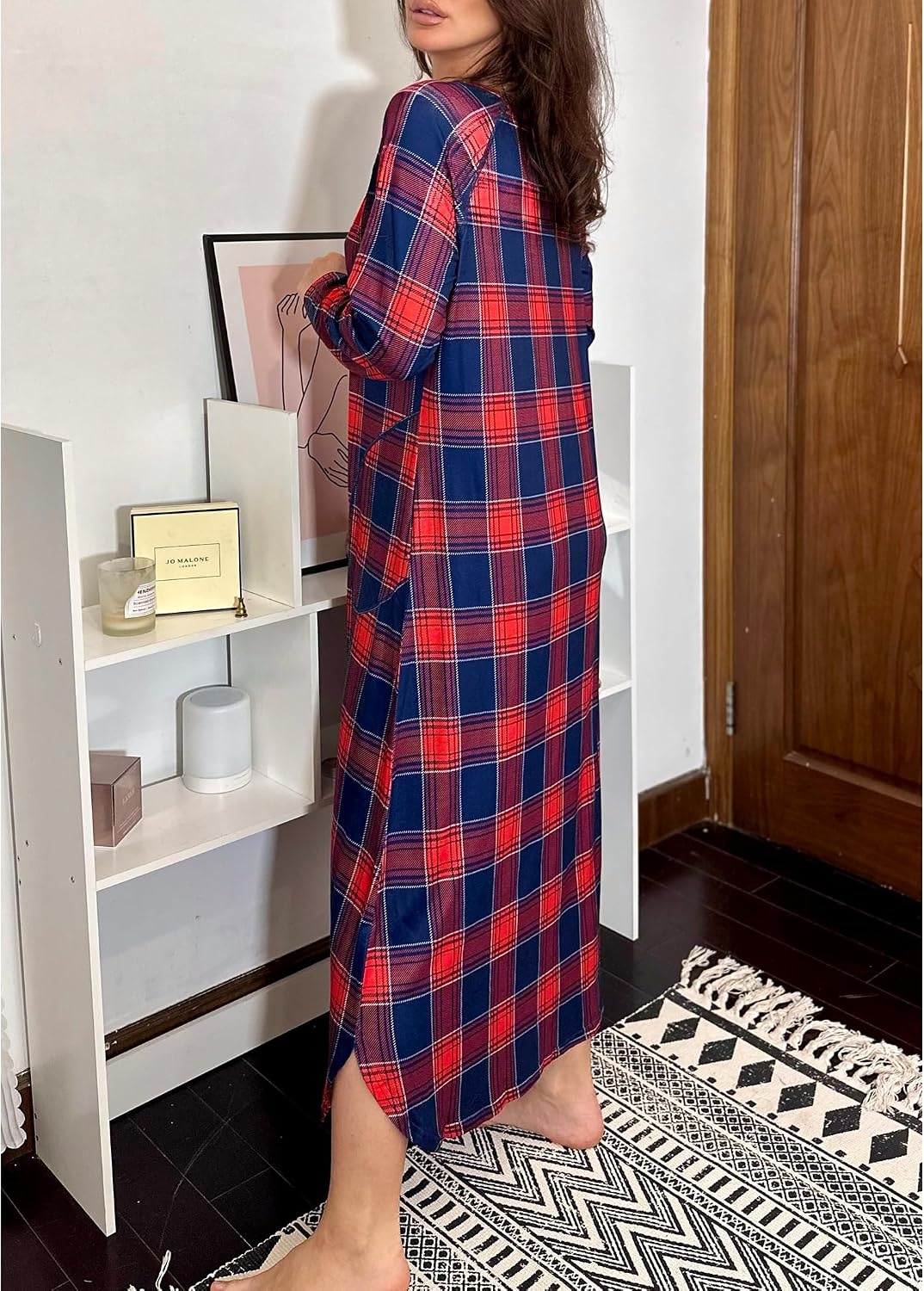 image:imageEkouaer Long Nightgowns for Women Long Sleeve House Dress with PocketsBlue Black Plaid