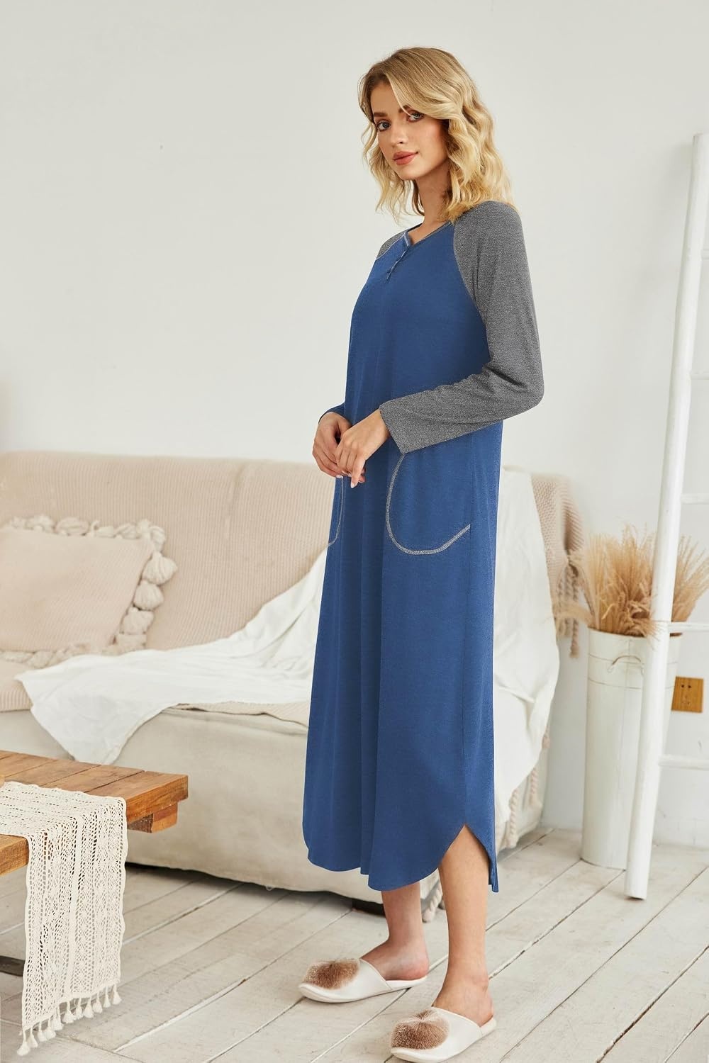 image:imageEkouaer Long Nightgowns for Women Long Sleeve House Dress with PocketsBlue