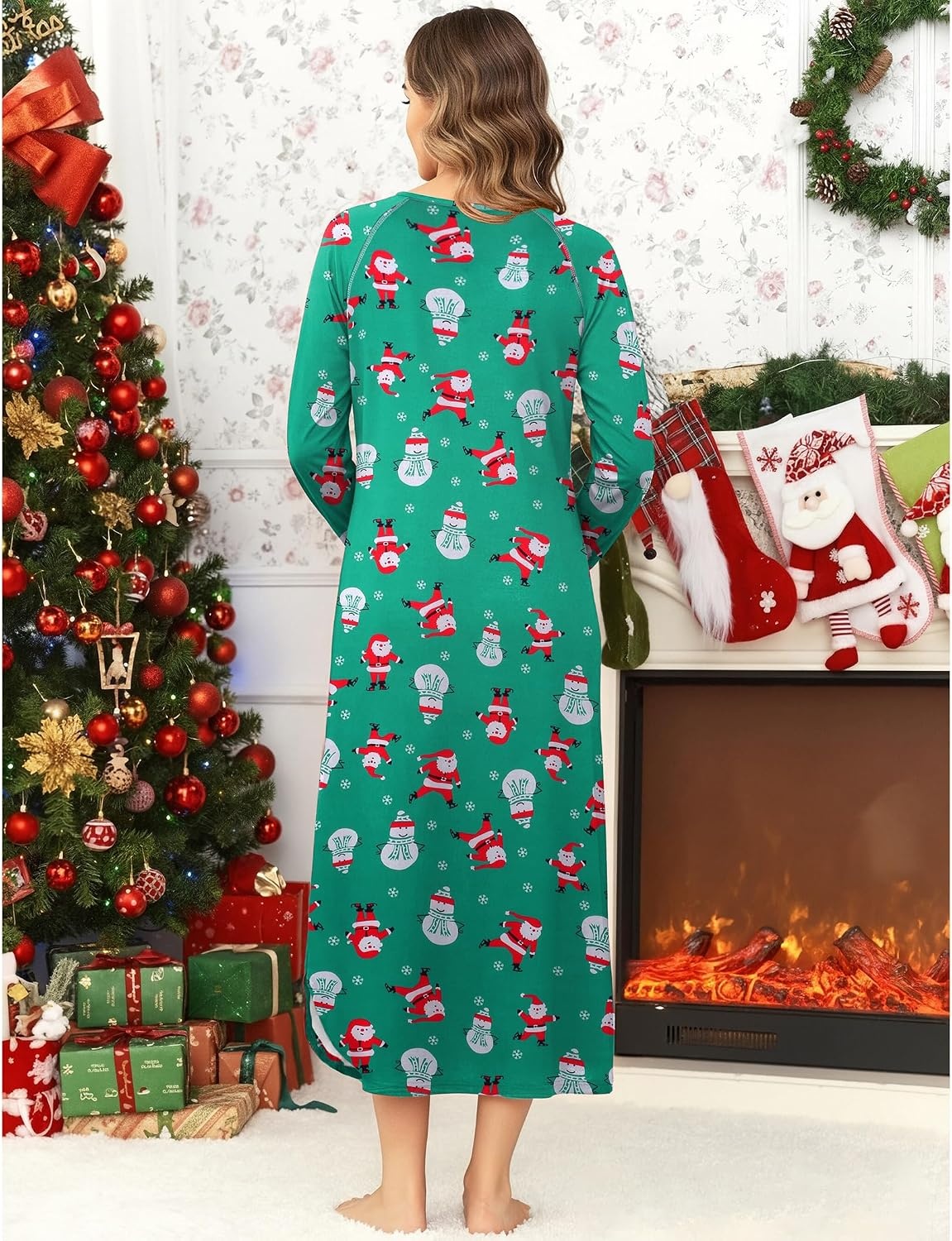 image:imageEkouaer Long Nightgowns for Women Long Sleeve House Dress with PocketsGreen Christmas