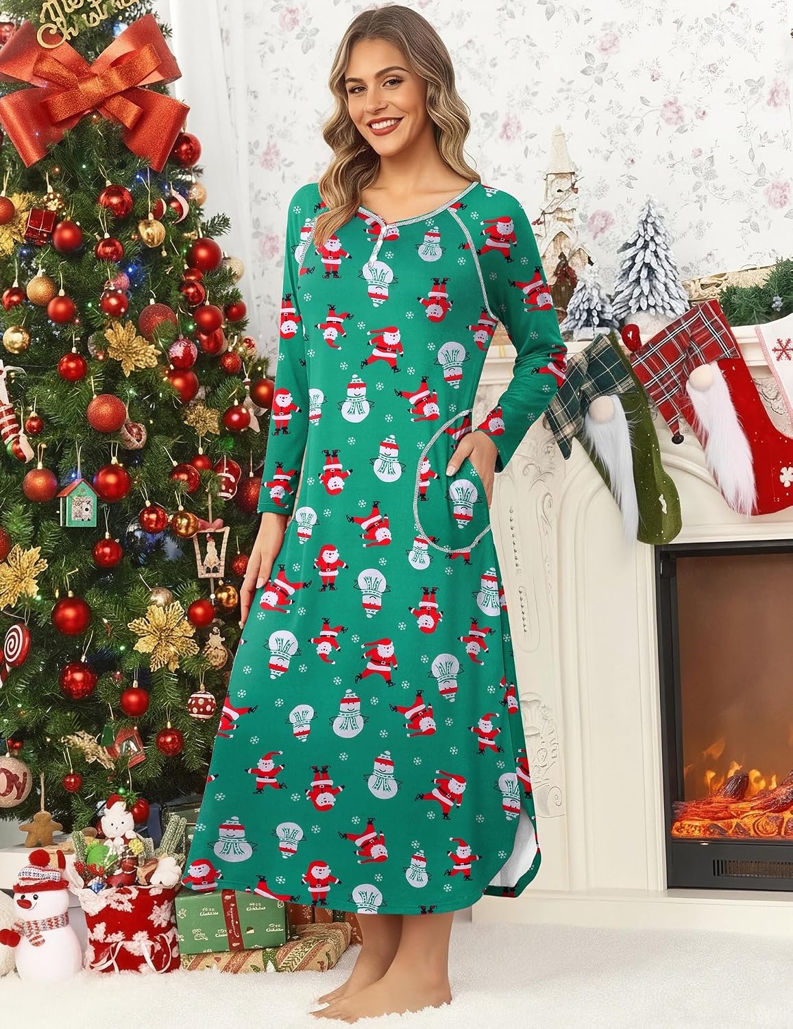 image:imageEkouaer Long Nightgowns for Women Long Sleeve House Dress with PocketsGreen Christmas
