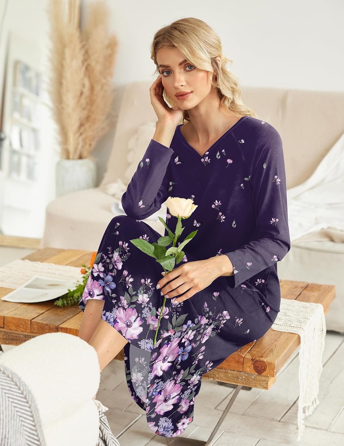 image:imageEkouaer Long Nightgowns for Women Long Sleeve House Dress with PocketsPurple Florals
