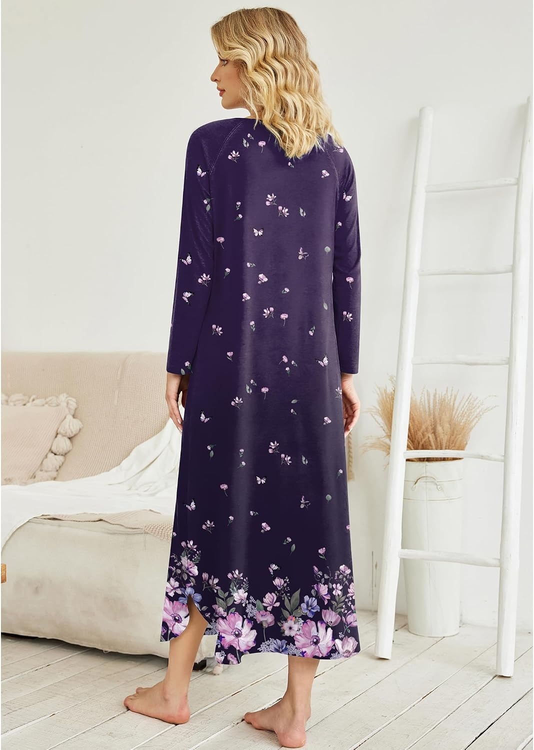 image:imageEkouaer Long Nightgowns for Women Long Sleeve House Dress with PocketsPurple Florals
