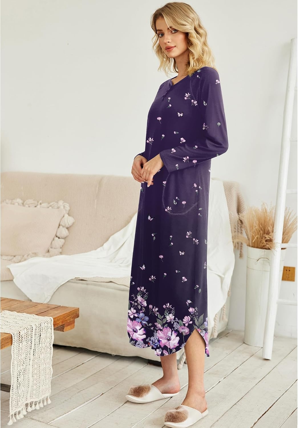 image:imageEkouaer Long Nightgowns for Women Long Sleeve House Dress with PocketsPurple Florals