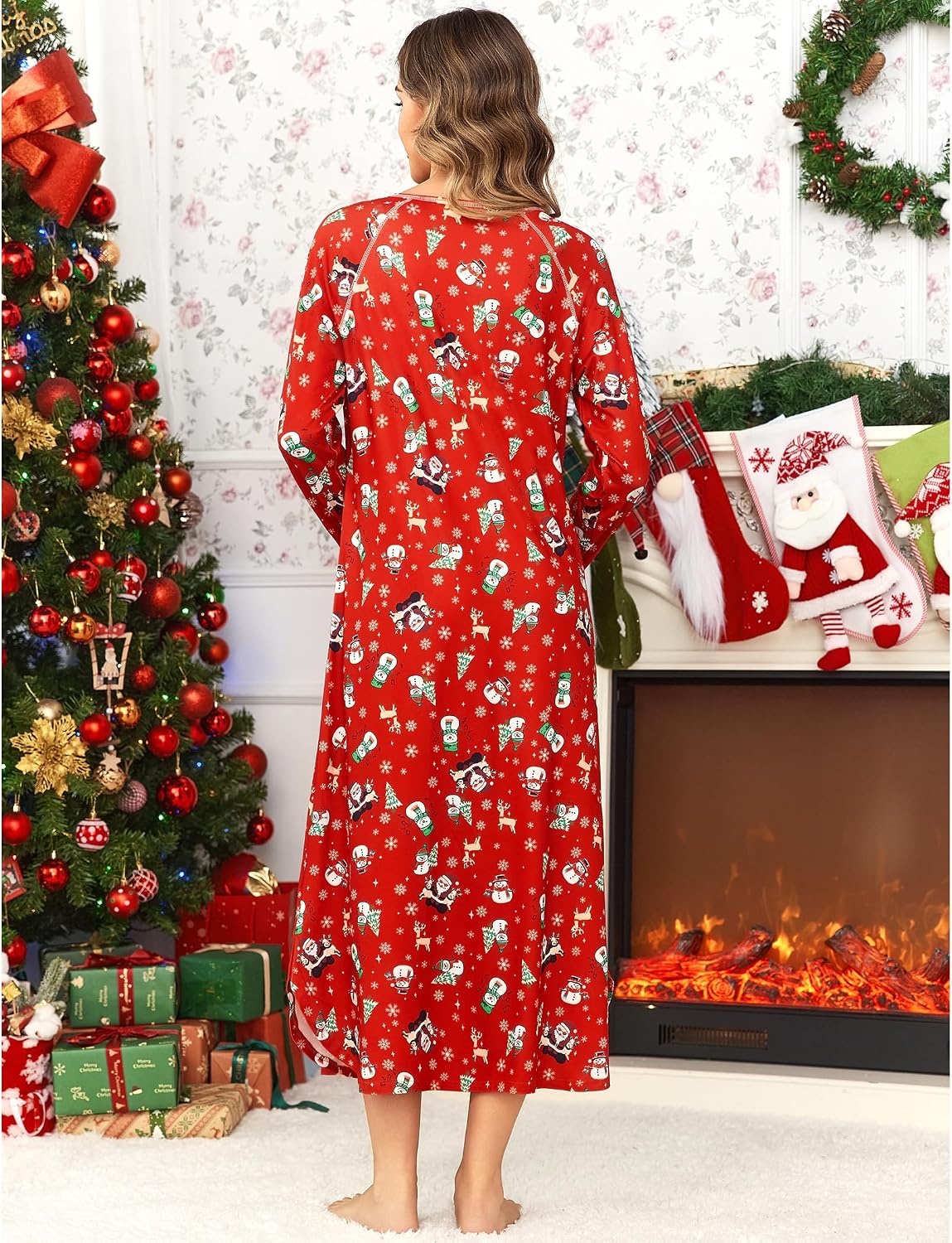 image:imageEkouaer Long Nightgowns for Women Long Sleeve House Dress with PocketsRed Christmas