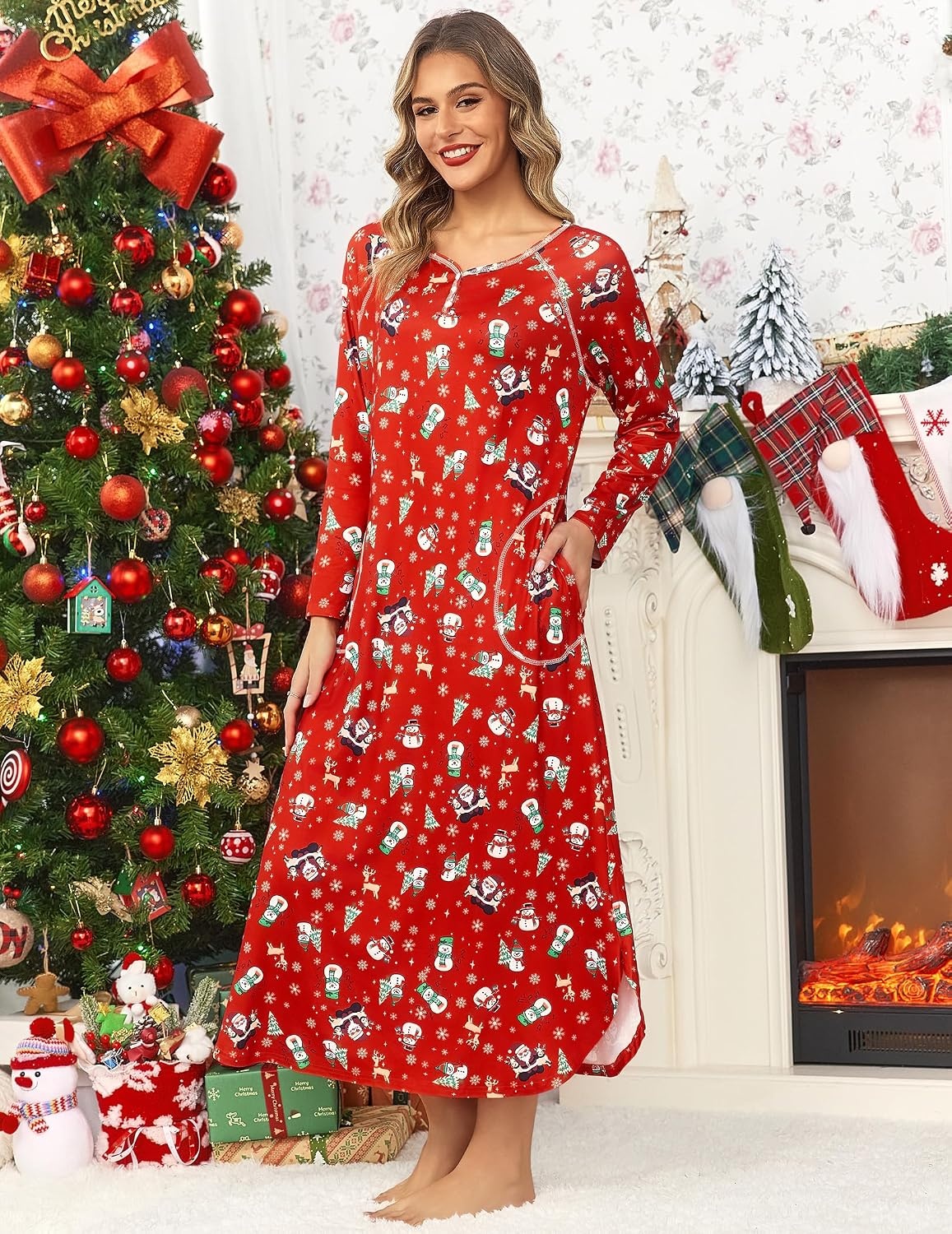 image:imageEkouaer Long Nightgowns for Women Long Sleeve House Dress with PocketsRed Christmas