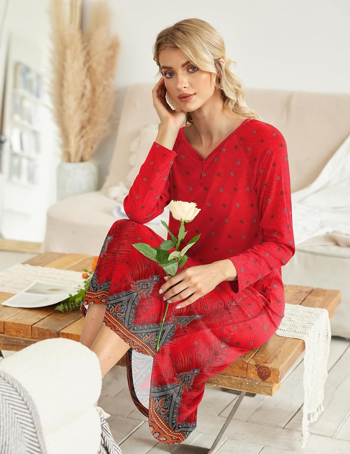 image:imageEkouaer Long Nightgowns for Women Long Sleeve House Dress with PocketsRed Feather