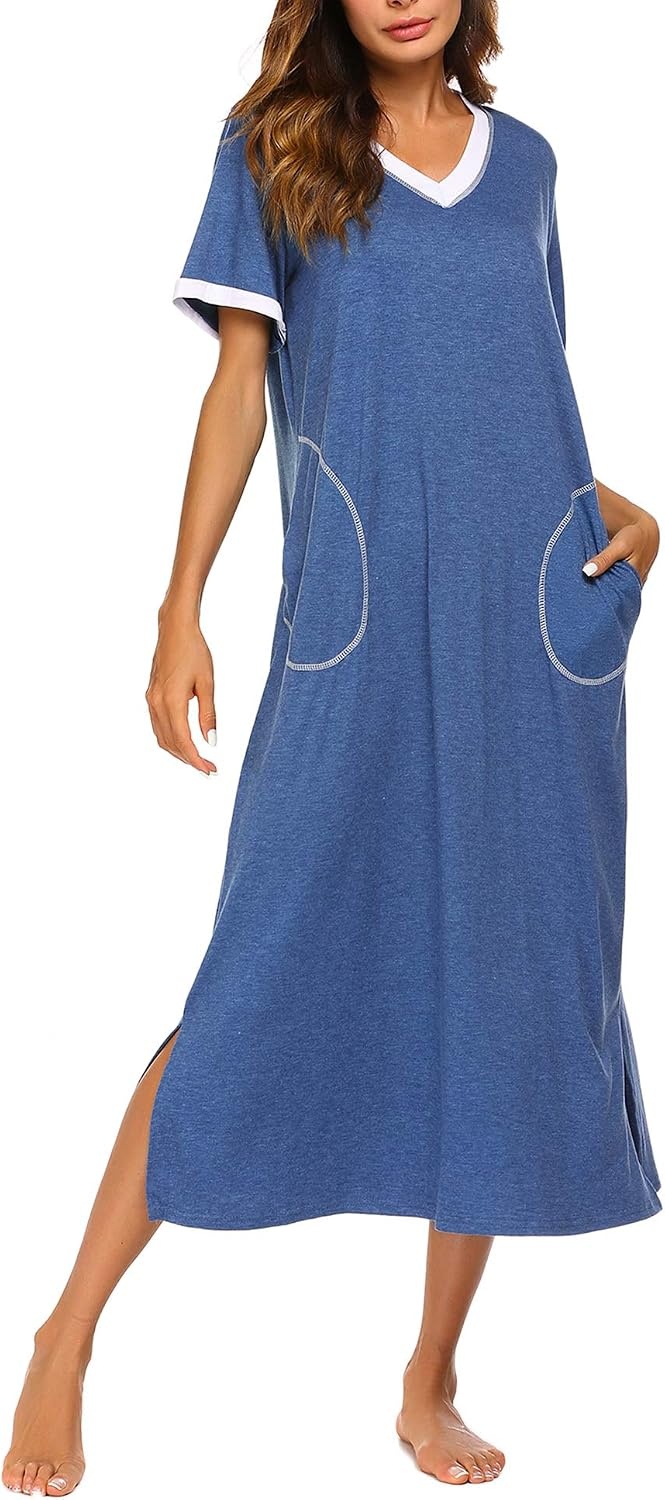 image:imageEkouaer Long Nightgowns for Women Short Sleeve Night Gown with PocketsAablue