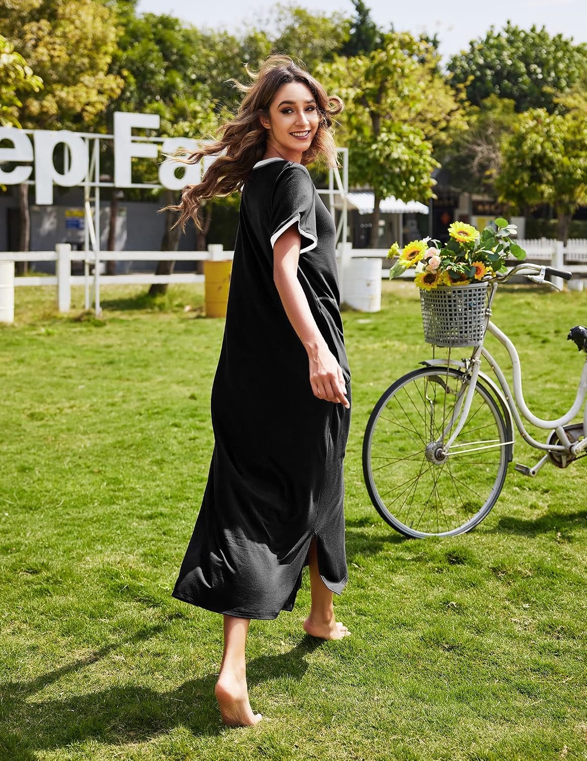 image:imageEkouaer Long Nightgowns for Women Short Sleeve Night Gown with PocketsAblack