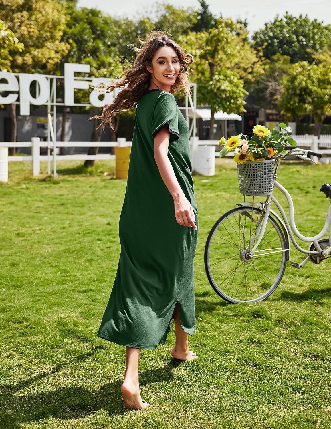 image:imageEkouaer Long Nightgowns for Women Short Sleeve Night Gown with PocketsAdark Green