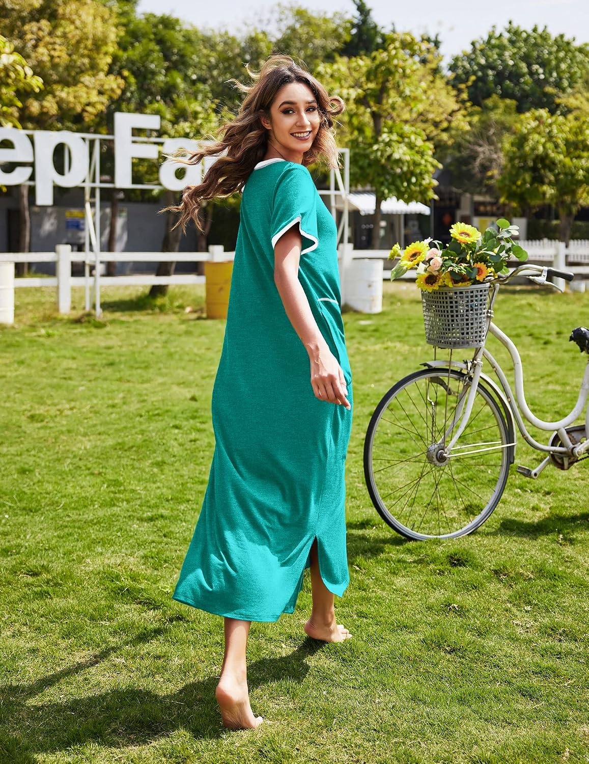 image:imageEkouaer Long Nightgowns for Women Short Sleeve Night Gown with PocketsAqua Green