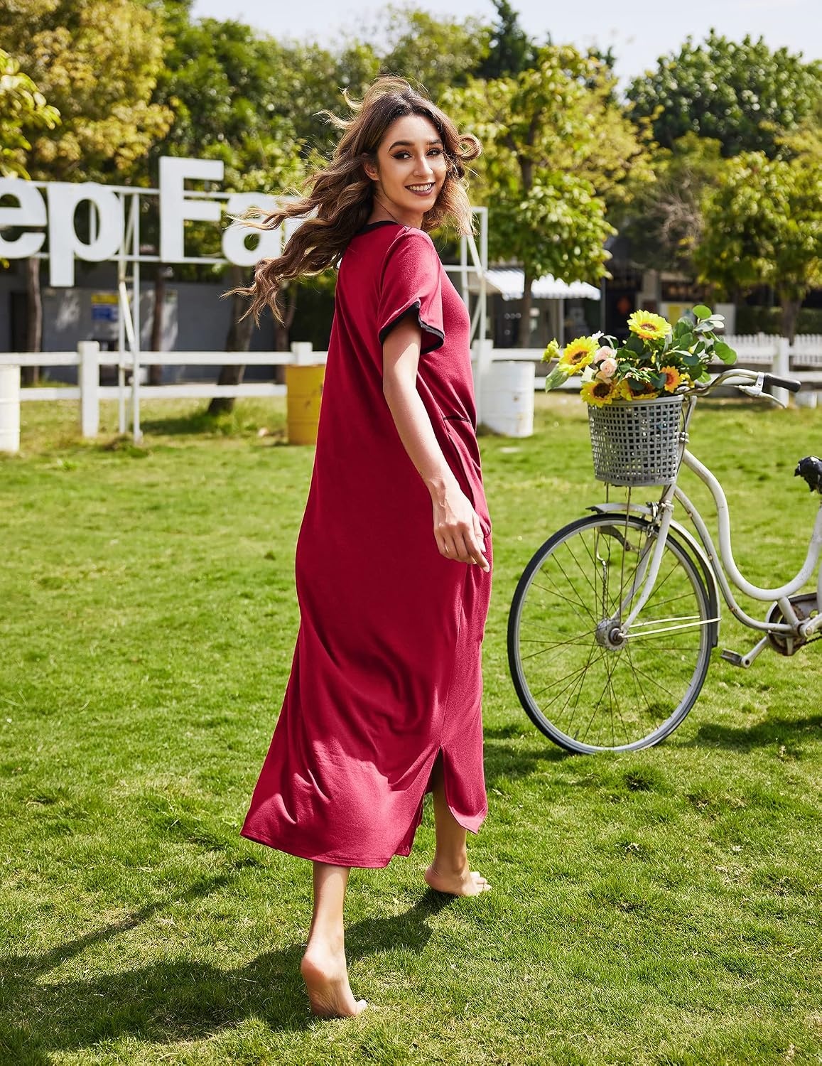 image:imageEkouaer Long Nightgowns for Women Short Sleeve Night Gown with PocketsAwine Red